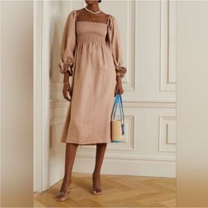 Sleeper sz S Atlanta Midi Linen Dress Puff Sleeve Smocked